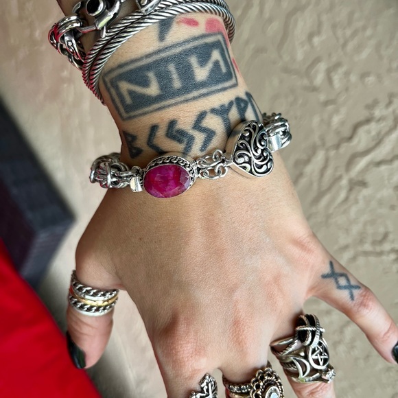 Handmade maille link bracelet . Indian ruby gem clasp heart love boho silver - Picture 13 of 14